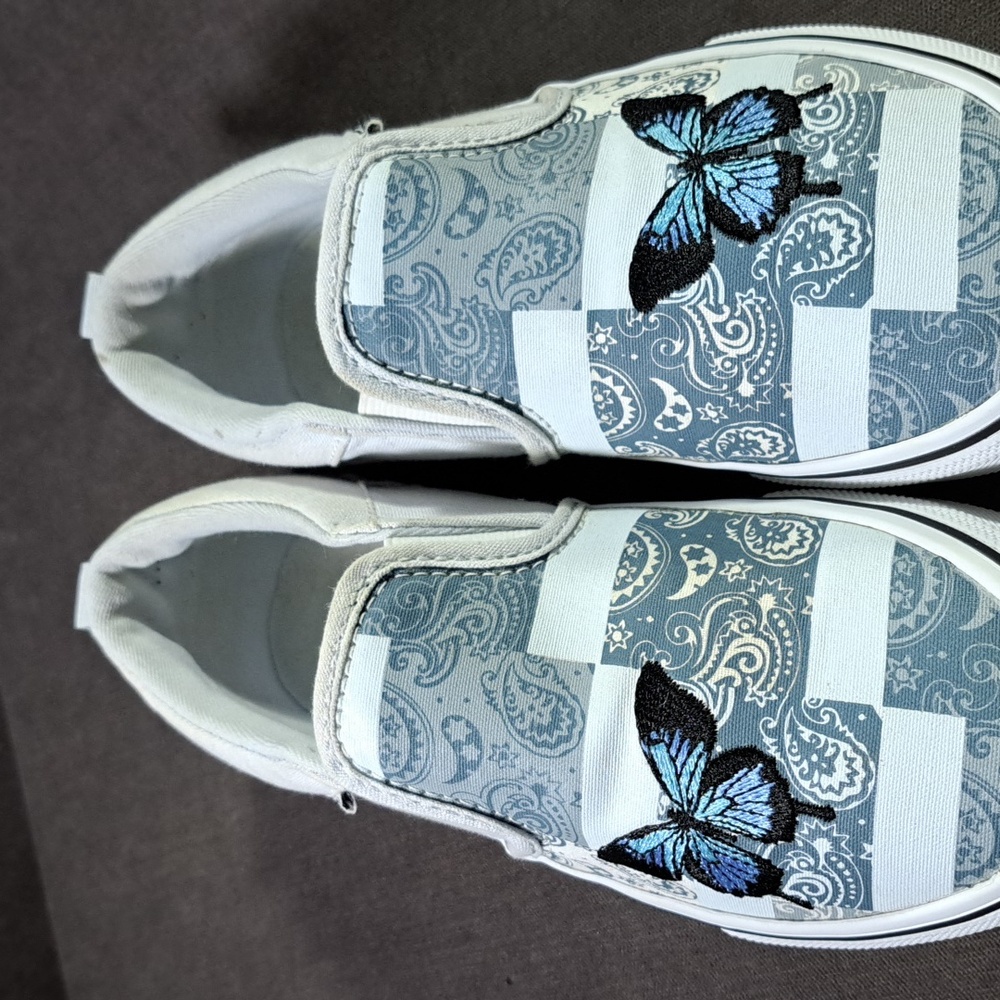 Vans Asher Blue Paisley Embroidered Butterfly Slip Sneakers G US J3.5 W5 - Picture 6 of 16